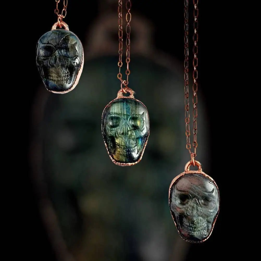 Carved Labradorite Skull Necklace