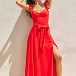 The red heaven corset flutter dress in front of a white background.