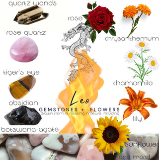 Crystals, flowers, and herbs that pair well with Leo all on a white background.