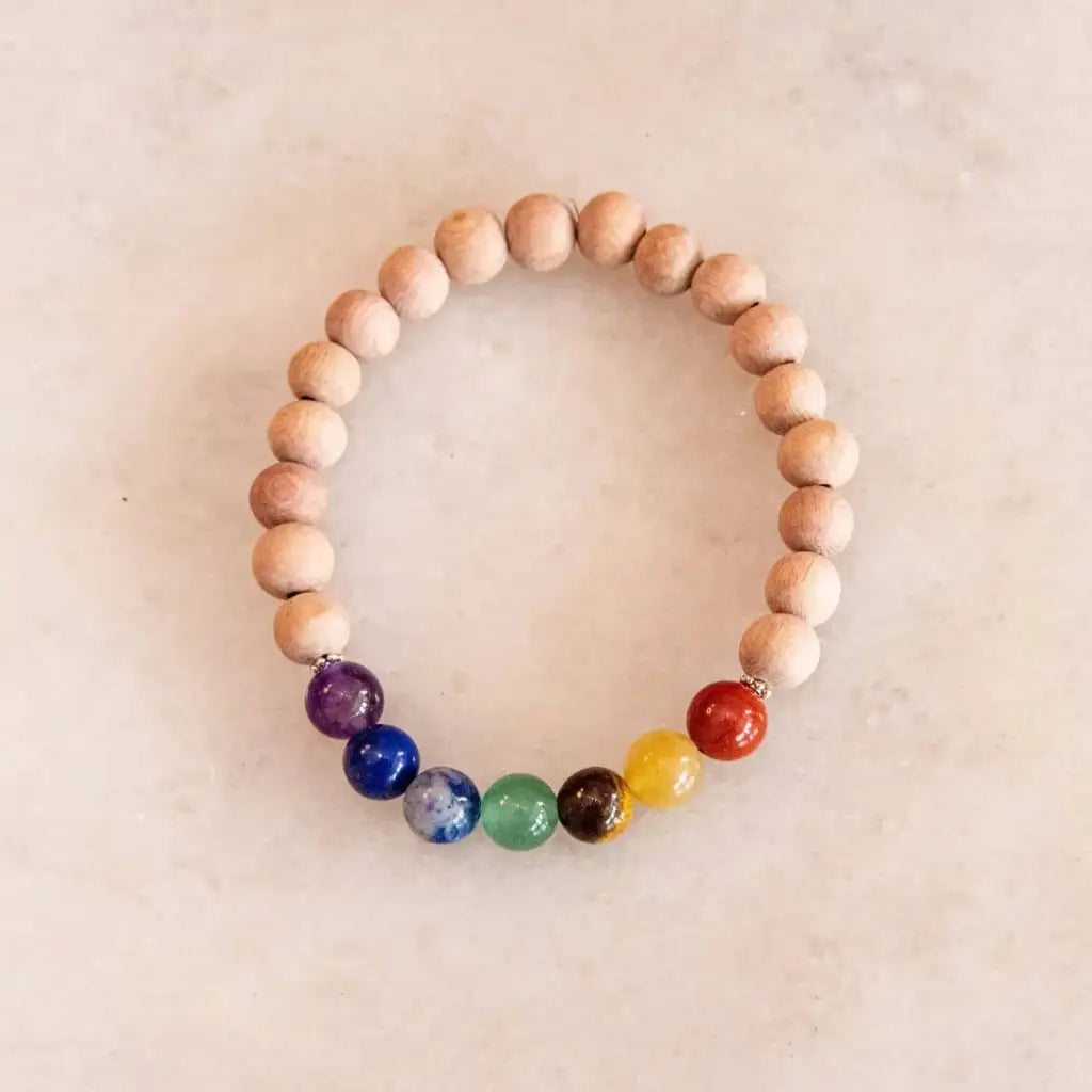 Chakra Gemstone Bracelet with Rosewood Diffuser Beads