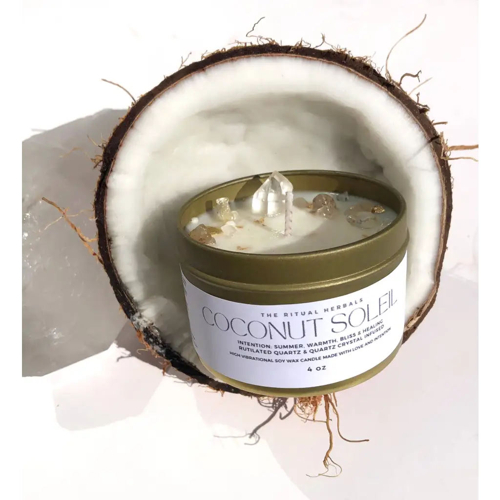 COCONUT SOLEIL Candle Soy wax Quartz infused Summer Scents