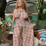 Hippie style rainbow jumpsuit with fringe accessories