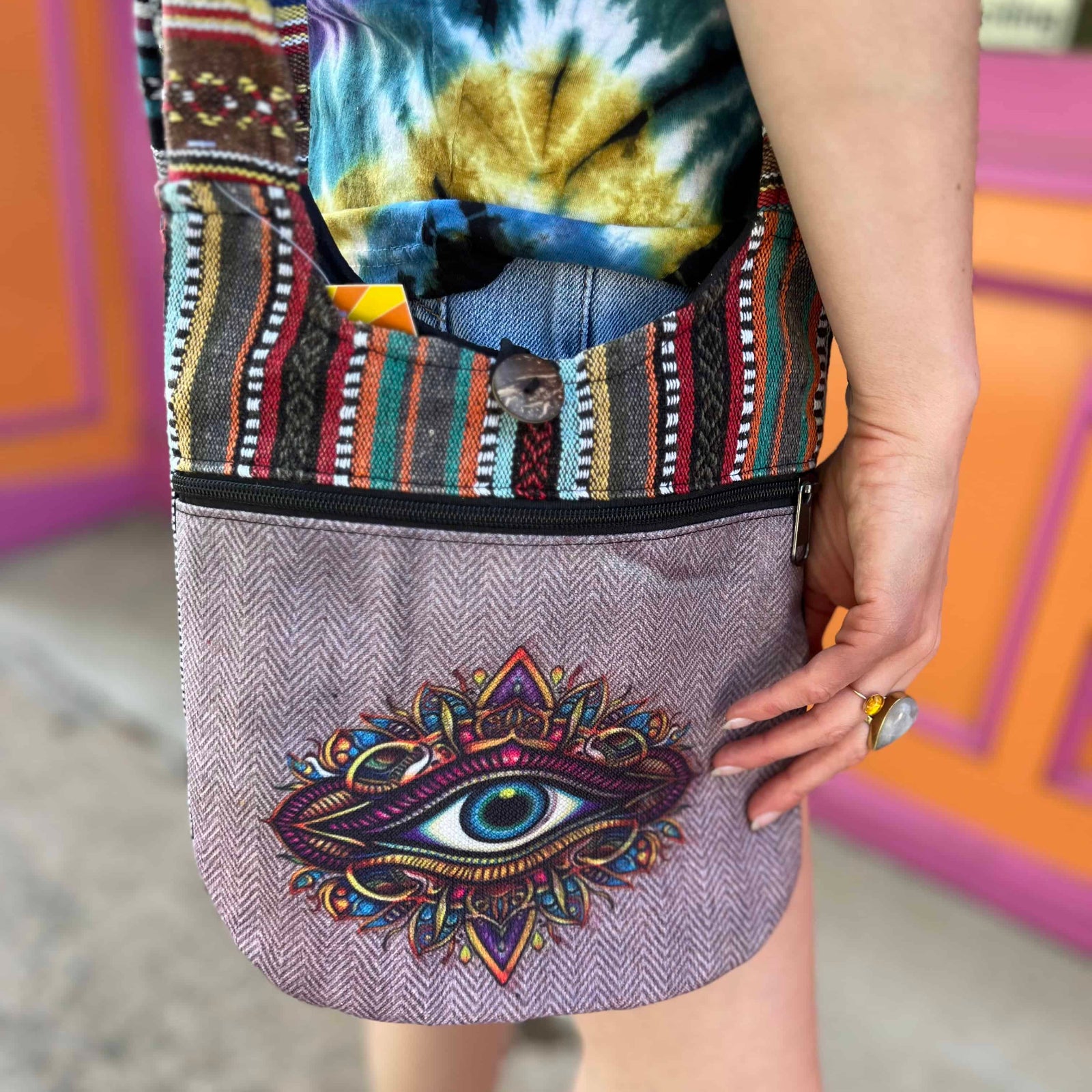 Close-up of embroidered third eye design on boho cotton crossbody bag