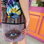 Full view of third eye cotton bag being worn in front of The Boho Depot storefront