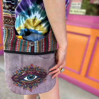 Full view of third eye cotton bag being worn in front of The Boho Depot storefront