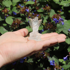 Hand holding a small clear quartz crystal fairy figurine against a background of green foliage and purple flowers