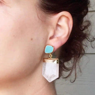 Crystal Quartz Pendant Turquoise Stud Gold Earrings - The Boho Depot