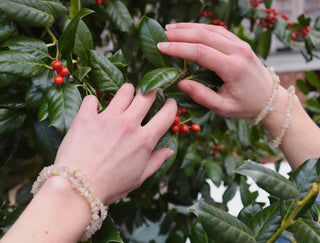 Golden Rutile Crystal Bracelet over holly bush