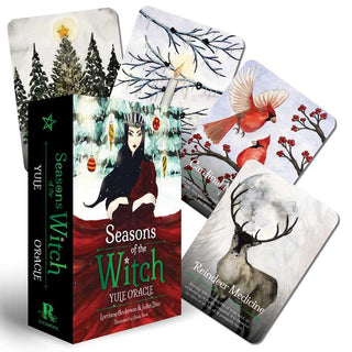 The “Seasons of the Witch: Yule Oracle” card deck with a couple of the cards displayed, all on a white background.