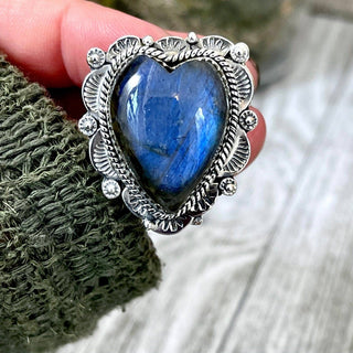 Labradorite Heart Crystal Ring in Sterling Silver Adjustable