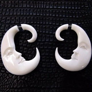 Carved White Crescent Moon Split Gauge Earrings