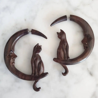 Cat on Moon Fake Gauge Carved Wood Earrings