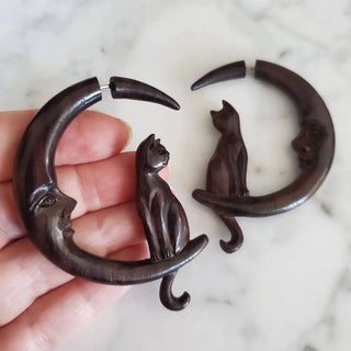 Cat on Moon Fake Gauge Carved Wood Earrings