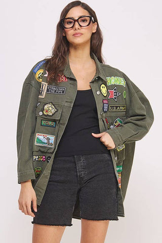 Multi Patch Oversize Olive Jacket - Plus Size