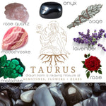 Crystals, flowers, and herbs that pair well with Taurus all on a white background.