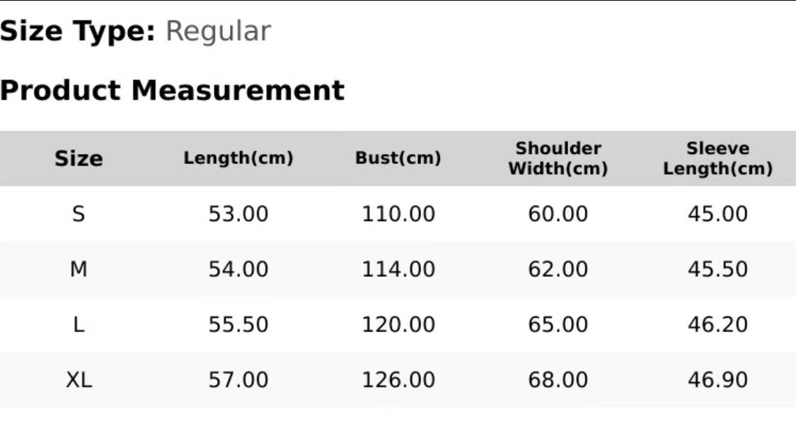 The size chart for Serenity Collective tops.