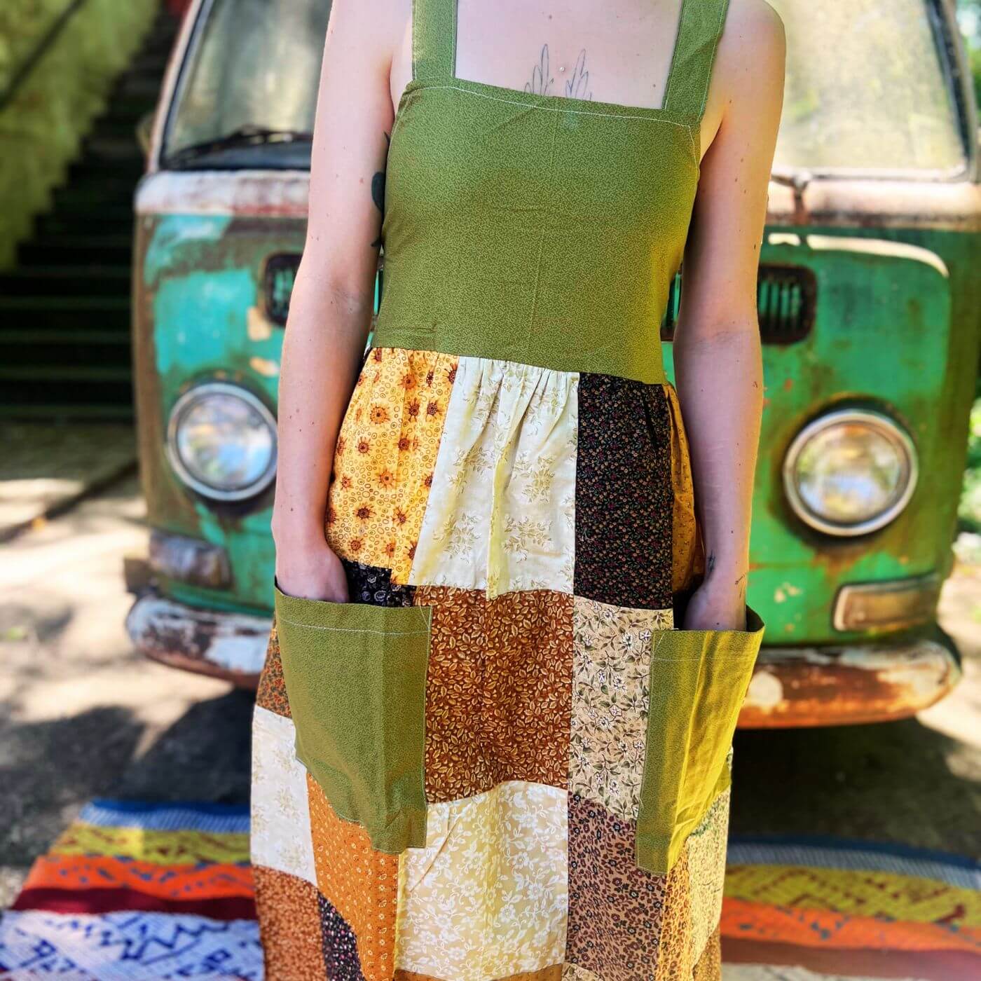 Sage green patchwork boho maxi dress with vintage prairie styling