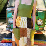 Sage green patchwork boho maxi dress with vintage prairie styling