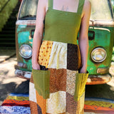 Sage green patchwork boho maxi dress with vintage prairie styling