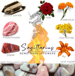 Crystals, flowers, and herbs that pair well with Sagitarius all on a white background.