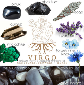 Crystals, flowers, and herbs that pair well with Virgo all on a white background.