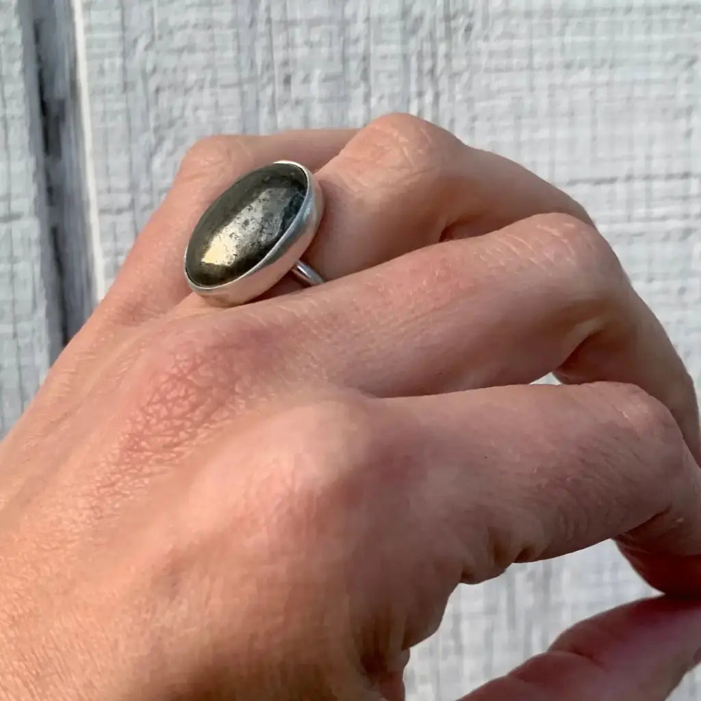 Edgy Oval Pyrite Sterling Silver Statement Ring