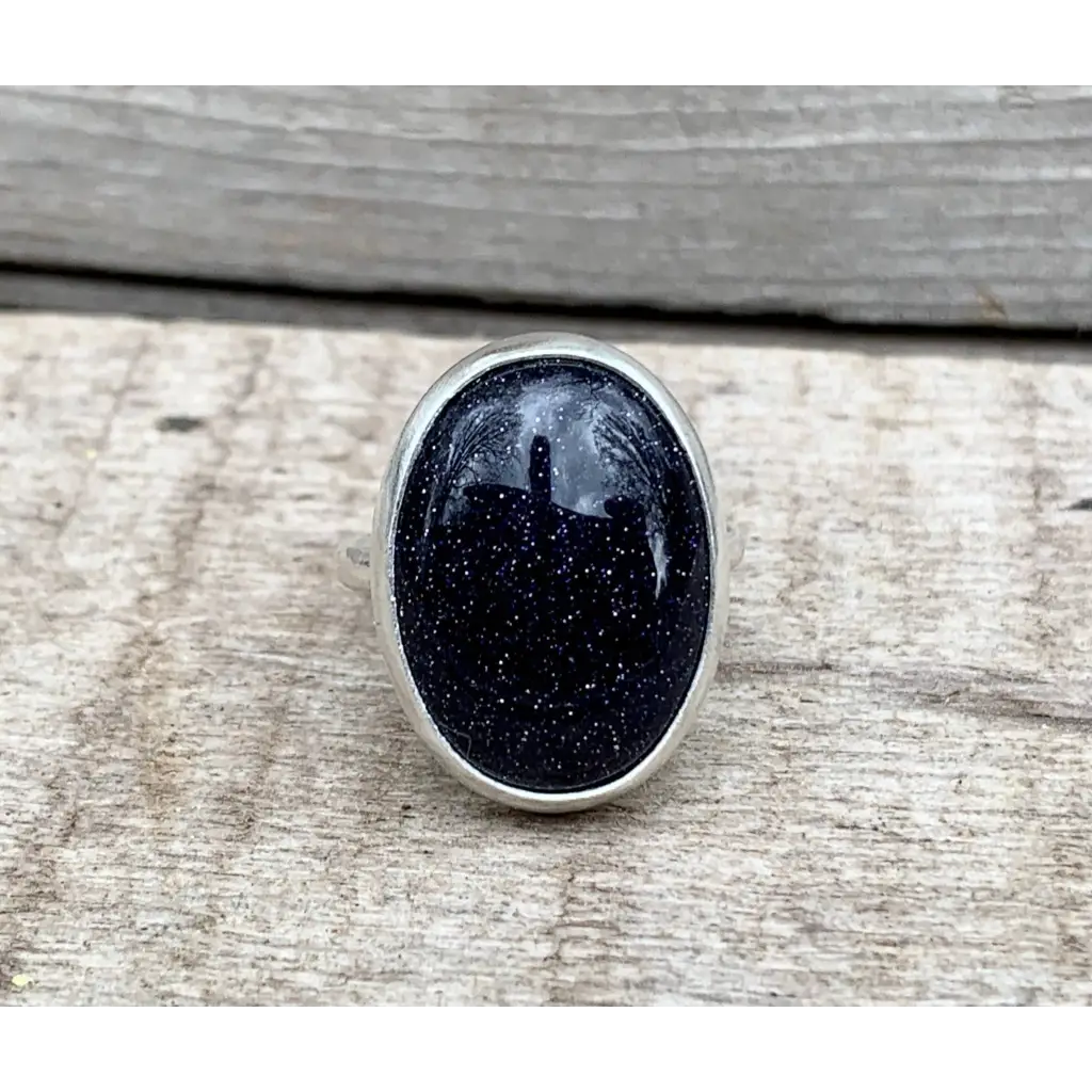 Elegant Dark Blue Sandstone Oval Ring in Sterling Silver
