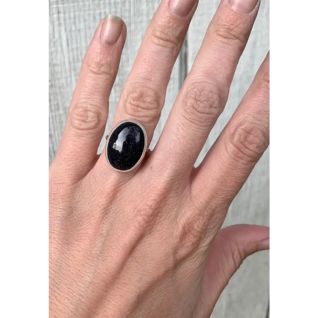 Elegant Dark Blue Sandstone Oval Ring in Sterling Silver