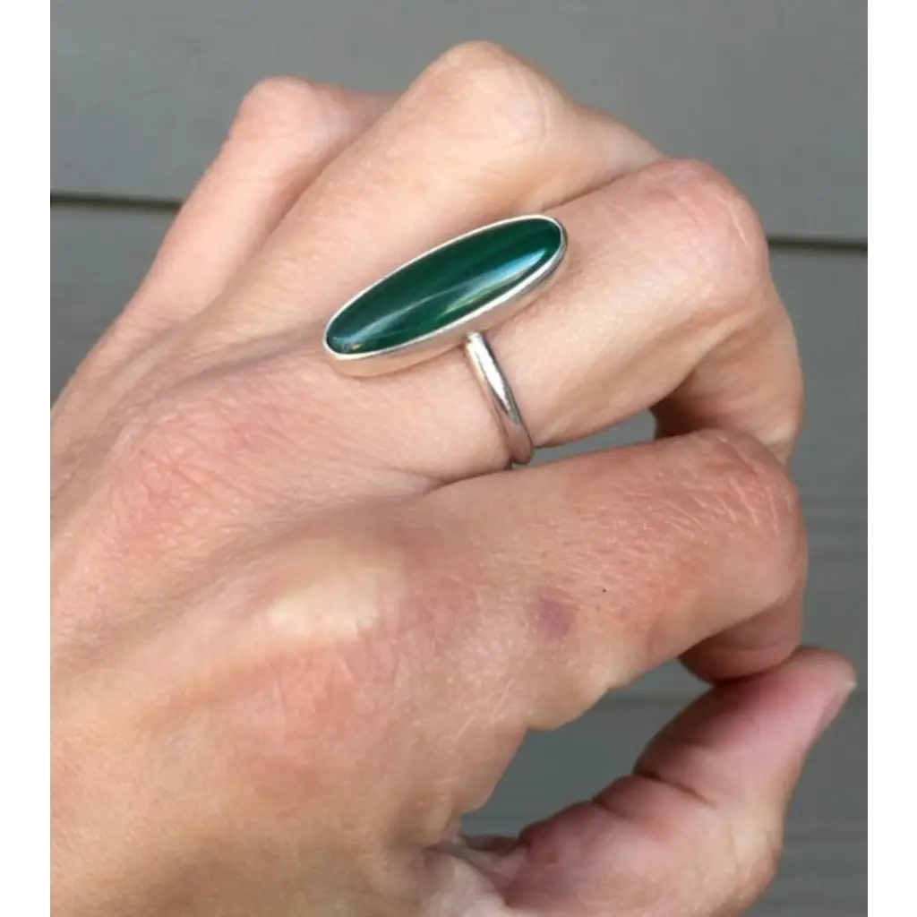 Elongated Green Malachite Sterling Silver Statement Ring