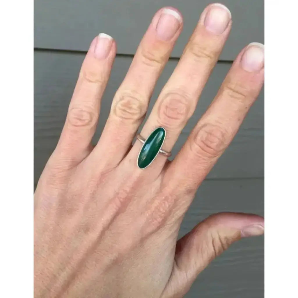 Elongated Green Malachite Sterling Silver Statement Ring