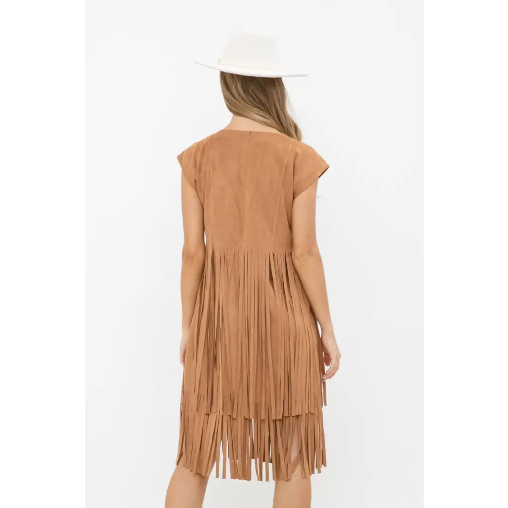 Embroidered Front Suede Fringe Tiered Dress