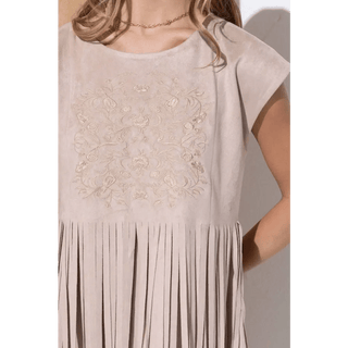 Embroidered Front Suede Fringe Tiered Dress