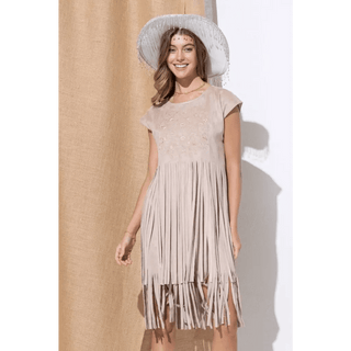 Embroidered Front Suede Fringe Tiered Dress - Small / Khaki