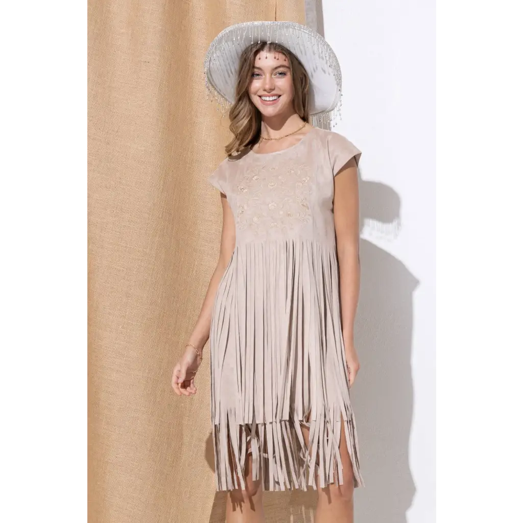 Embroidered Front Suede Fringe Tiered Dress - Small / Khaki