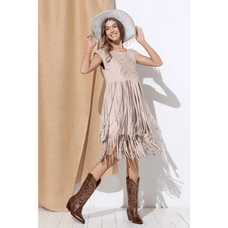 Embroidered Front Suede Fringe Tiered Dress