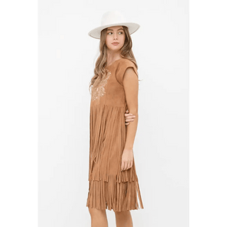 Embroidered Front Suede Fringe Tiered Dress