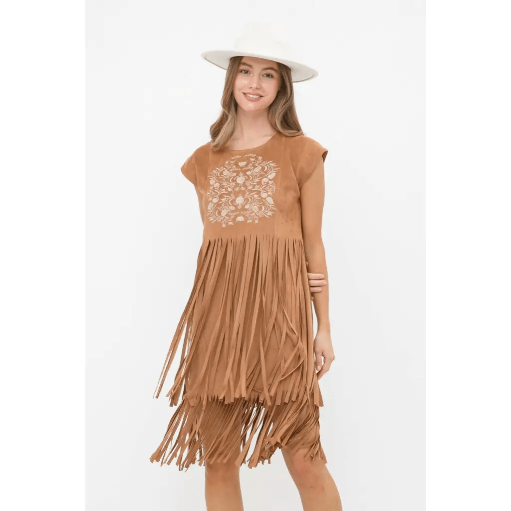 Embroidered Front Suede Fringe Tiered Dress - The Boho Depot