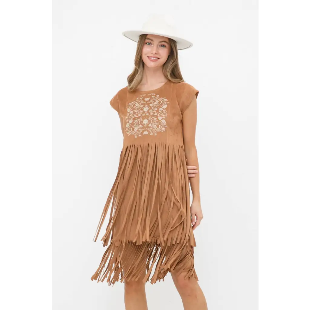 Embroidered Front Suede Fringe Tiered Dress - Small / Camel