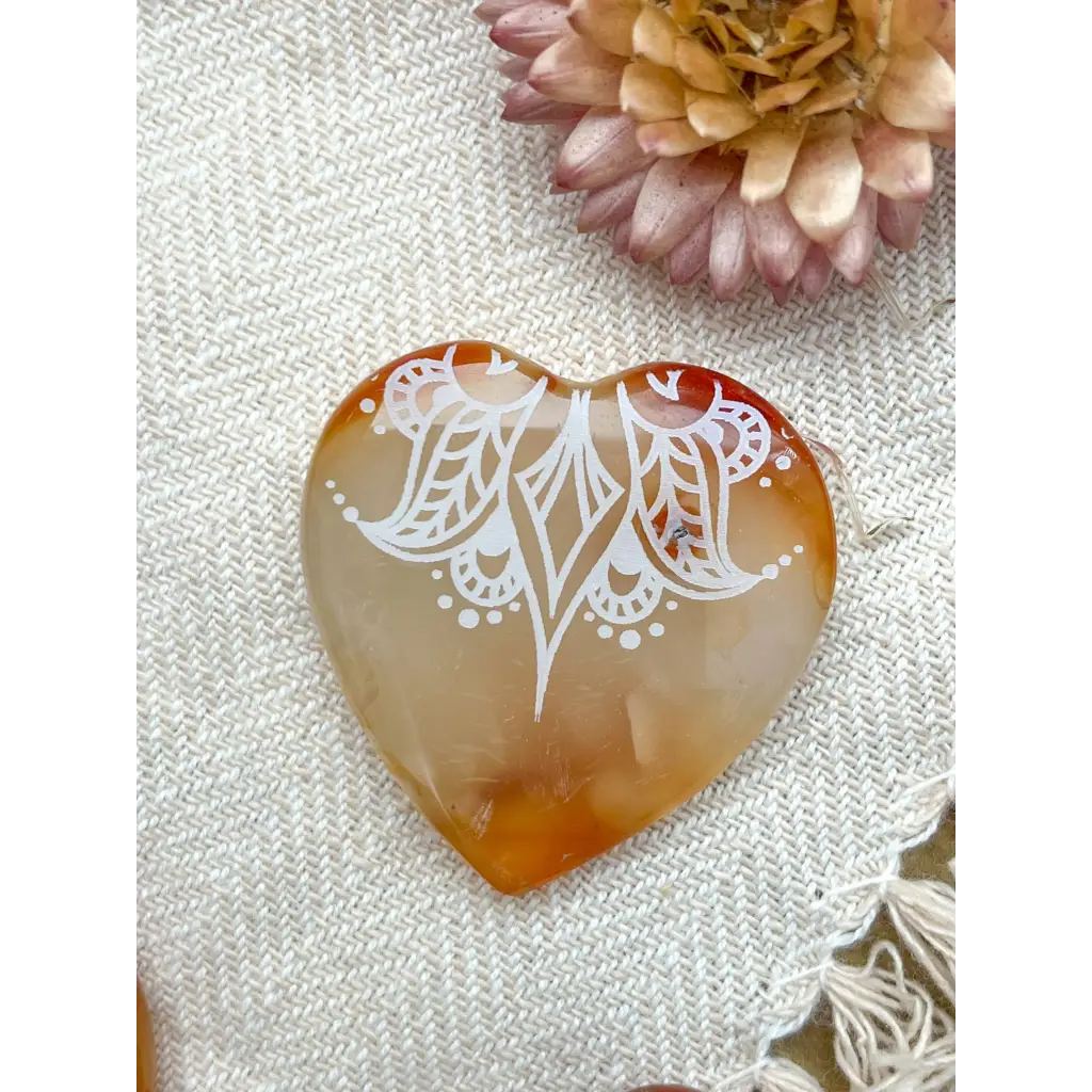 Etched Carnelian Heart Stone for Meditation Crystal Gift