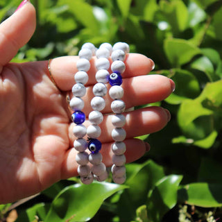 Close-up of Howlite crystal bracelet in sunlight