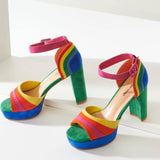 Rainbow Suede Peep Toe Pumps