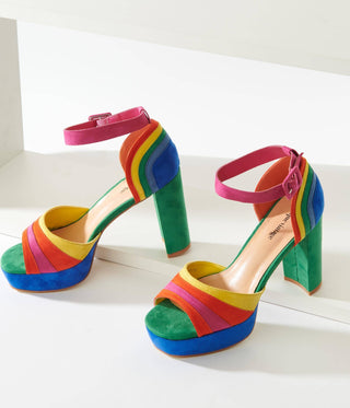 Rainbow Suede Peep Toe Pumps