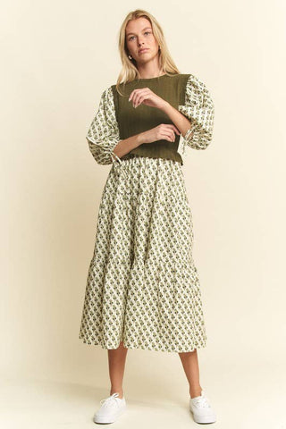 Floral Print Midi Dress - Olive/Navy