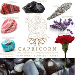 Crystals, flowers, and herbs that pair well with Capricorn all on a white background.