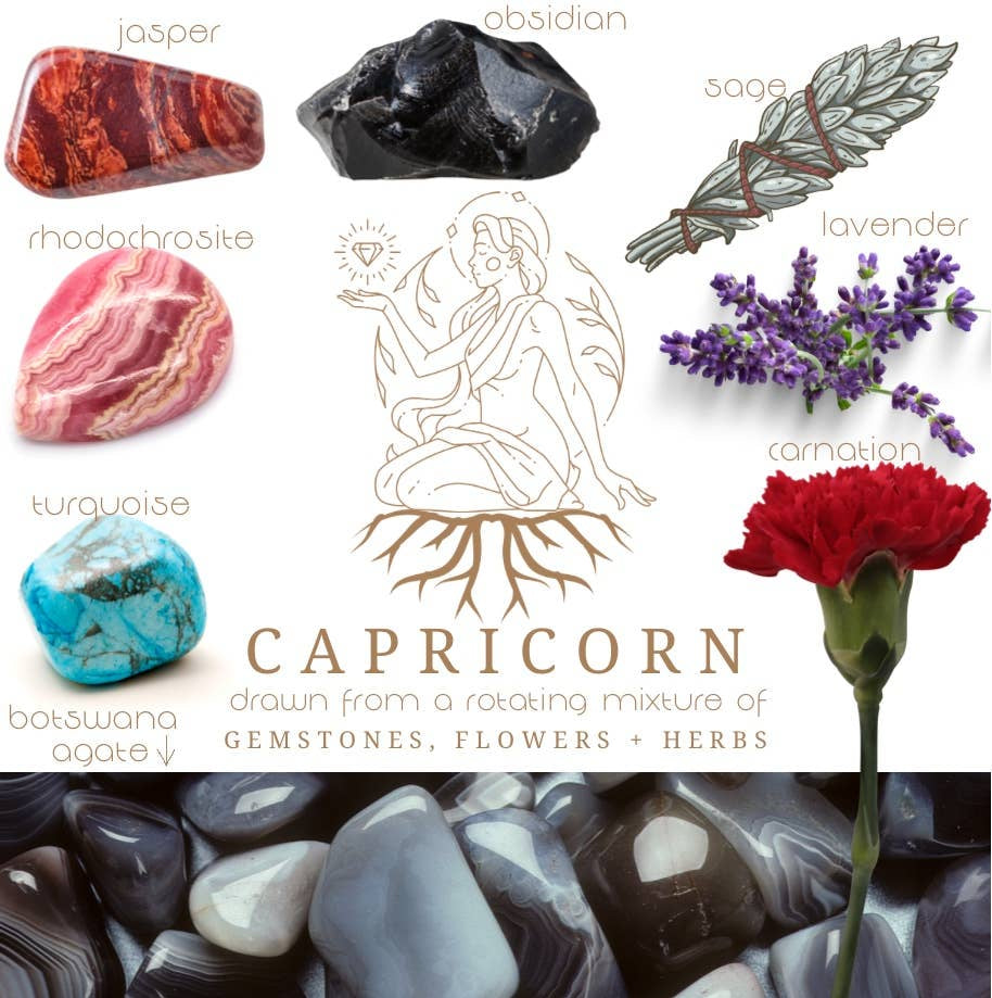 Crystals, flowers, and herbs that pair well with Capricorn all on a white background.