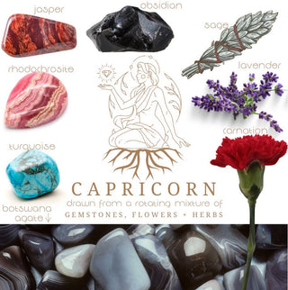 Crystals, flowers, and herbs that pair well with Capricorn all on a white background.