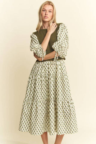 Floral Print Midi Dress - Olive/Navy