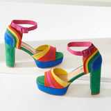 Rainbow Suede Peep Toe Pumps