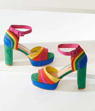 Rainbow Suede Peep Toe Pumps