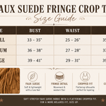 Size chart for western faux suede fringe crop top with bust waist and hip measurements for small medium and large sizes